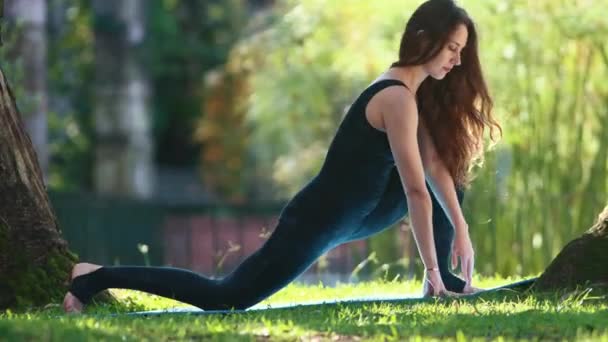 Una Mujer Hace Yoga Parque Verde Mid Shot — Vídeos de Stock