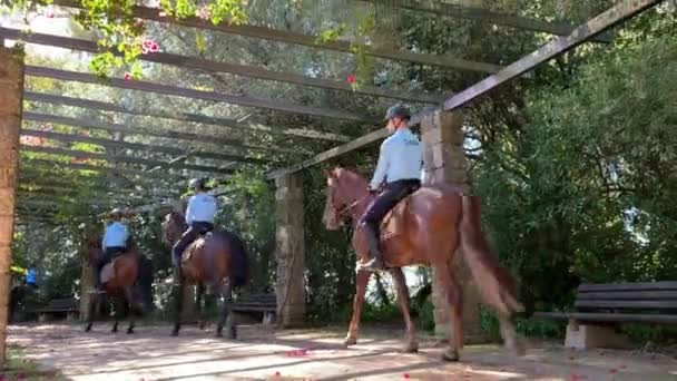 November 2022 Portugal Lisbon Mounted Police Squad Passes Public Garden — Wideo stockowe