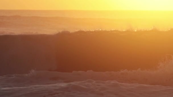 Sea Waves Raging While Bright Orange Sunset Mid Shot — Stockvideo