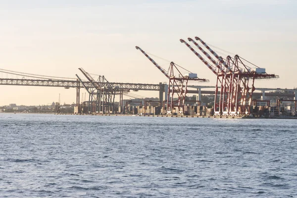 Industrial cranes by the river at early sunset. Mid shot