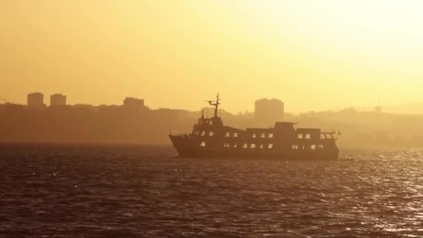 Large Boat Floats River Orange Sunset Mid Shot — Stock video