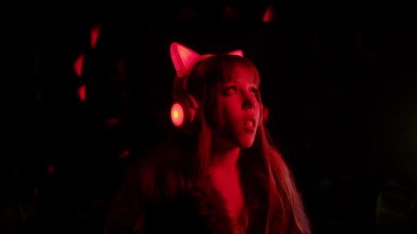 Cute Gamer Girl Looking Red Lighting Portrait — Stock video