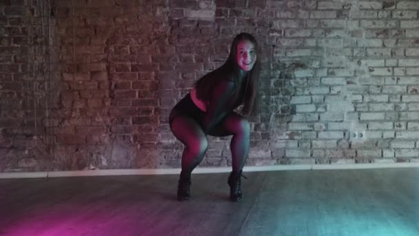 Smiling Sexy Woman Dancing Background Brick Wall Blue Purple Lighting — Stockvideo