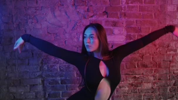 Beautiful Woman Sexy Black Dress Dancing Brick Wall Mid Shot — Vídeo de Stock