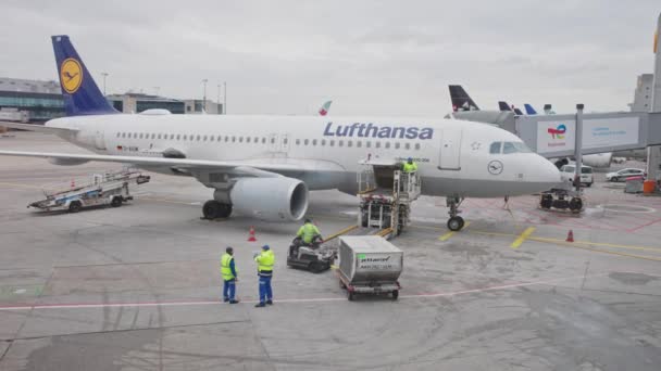 2023 Франкфурт Німеччина Літак Lufthansa Полі Робітники Збираються Завантажити Багаж — стокове відео