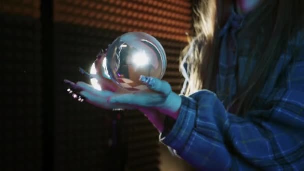 Young Woman Playing Glass Ball Contact Juggling Mid Shot — Stock Video