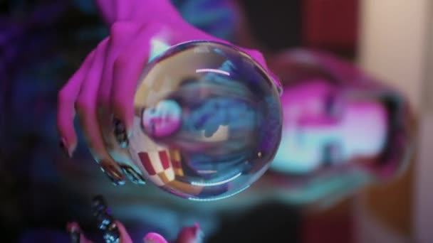 Young Woman Showing Performance Crystal Ball Her Hands Mid Shot — Stock Video