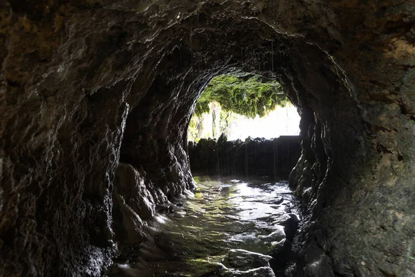 Внутри Мокрой Пещеры Струйки Воды Стекают Камней Входа Пещеру Средний — стоковое фото