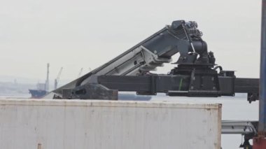 Crane limandaki bir kargo konteynırını alacak. Orta çekim