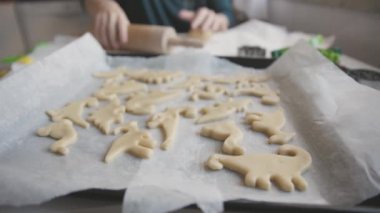 Fırın kağıdında dinozor şeklinde çiğ hamur ve arka planda hamuru yuvarlayan bir kadın. Orta çekim