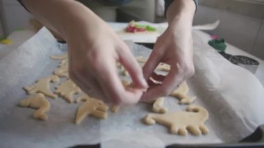Kurabiye pişiren bir kadın hamuru dinozor şeklinde bir tepsiye seriyor. Orta çekim