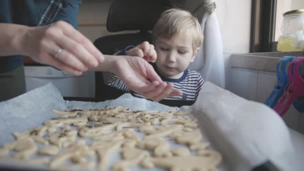 做饼干的家庭 一个女人和她的小儿子在面团上撒罂粟籽 — 图库视频影像