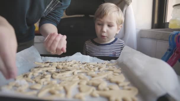 Rodzinne Ciasteczka Mama Posypuje Ciastko Cukrem Jej Synek Nie Patrzy — Wideo stockowe