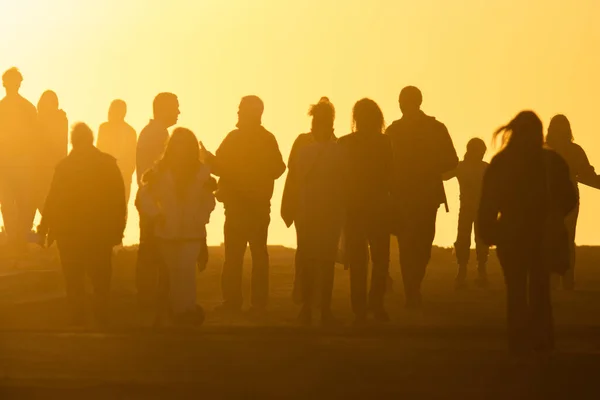 Silhouettes of people in yellow light of a bright orange sunset. Mid shot
