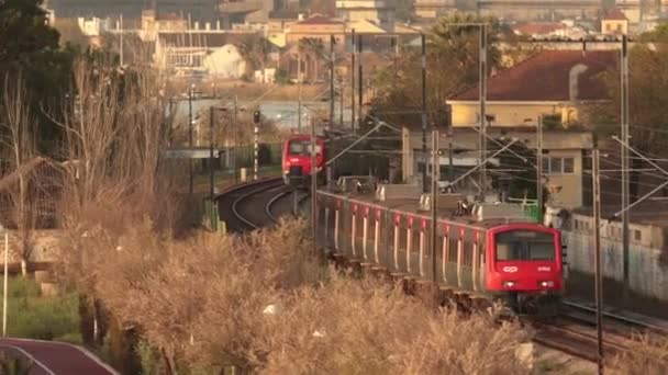 March 2023 Portugal Lisbon Two Electric Trains Depart Tracks Mid — Stock Video