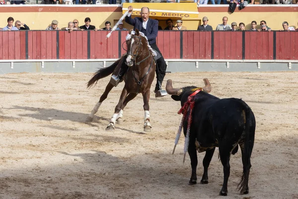 Μαρτίου 2023 Λισαβόνα Πορτογαλία Tourada Ενήλικος Άνδρας Πάνω Άλογο Εναντίον — Φωτογραφία Αρχείου