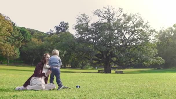Schöne Familie Mit Mutter Und Ihrem Kleinen Sohn Park Mittelschuss — Stockvideo