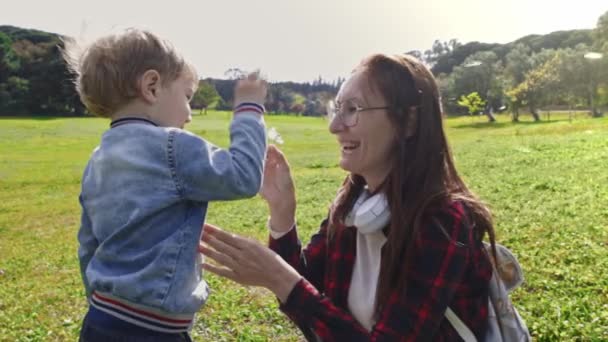Nette Mutter Mit Ihrem Kleinen Sohn Der Auf Einer Grünen — Stockvideo