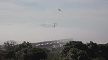 Köprünün tepesi kalın beyaz sislerin arasından sarkıyor. Orta çekim