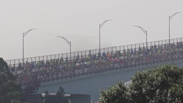 Толпа Людей Бежит Марафон Мосту Средний Выстрел — стоковое видео