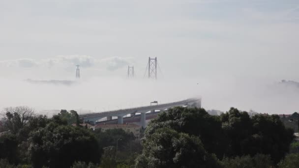 Κορυφή Της Γέφυρας Προεξέχει Από Την Πυκνή Ομίχλη Μεσαίο Πλάνο — Αρχείο Βίντεο