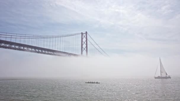 Sailboat Canoe River Dense Fog Mid Shot — Stock Video