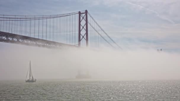 Подвесный Мост Покрытый Белым Туманом Парусник Плывет Реке Средний Выстрел — стоковое видео