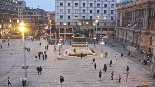 Kwietnia 2023 Belgrad Serbia Plac Republiki Belgradu Posąg Konia Środek — Wideo stockowe