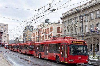 5 Nisan 2023 Belgrad, Sırbistan: kırmızı tramvaylar durakta. Orta çekim