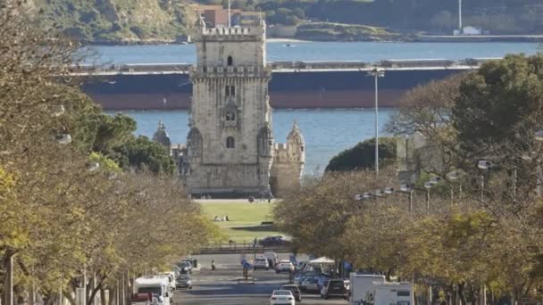 Апреля 2023 Лиссабон Португалия Башня Торре Белем Средний Выстрел — стоковое видео