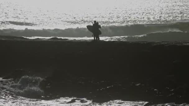 两个冲浪者站在海边的岩石上 — 图库视频影像