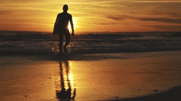Silhouet Van Een Atletische Man Die Bij Zonsondergang Zee Uitgaat — Stockvideo