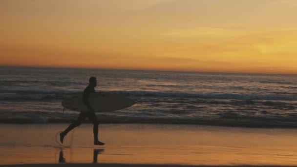 Gün Batımında Sörf Tahtasıyla Sahilde Koşan Fit Bir Adam Orta — Stok video