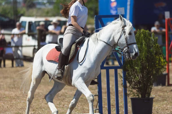 牧場で白い制服を着た女の子が白い馬に乗っている ミッドショット — ストック写真