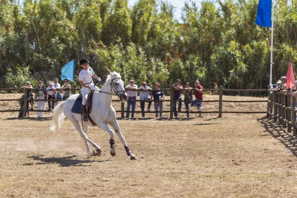 April 2023 Sobreda Portugal Girl Riding White Horse Ranch Mid — Stock Photo, Image