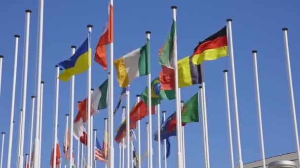 Mavi Açık Gökyüzünün Arka Planında Bayrak Direğinde Farklı Ülkelerin Bayrakları — Stok video