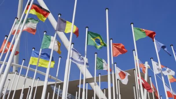 Flaggor Från Olika Länder Flaggstången Bakgrunden Blå Himmel Mittskott — Stockvideo