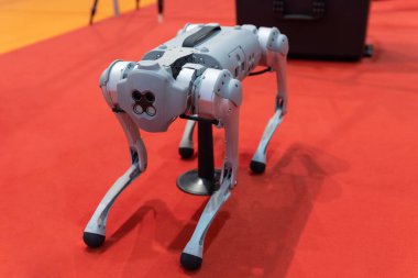 5 Mayıs 2023, Lisbon. Portekiz - FIL Lizbon Uluslararası Fuarı - Tektonica Lisbon: Boston Dynamics robotu fuarda. Orta çekim