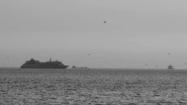 Gran Transatlántico Navega Sobre Mar Clima Gris Nublado Mid Shot — Vídeo de stock