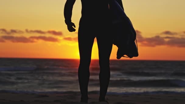 Silhouet Van Een Surfer Die Naar Oceaan Loopt Bij Feloranje — Stockvideo