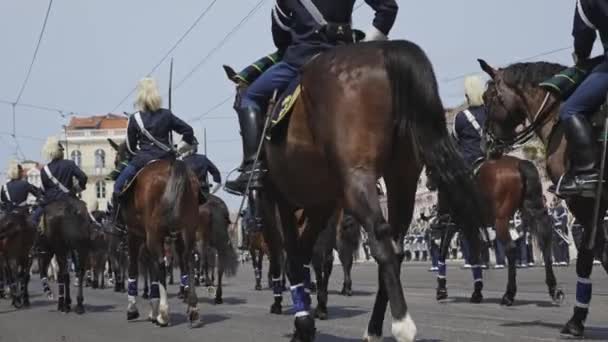 6月2023日 ポルトガル リスボン パレード中に道路に沿って暗い馬に乗っている軍人 ミッドショット — ストック動画