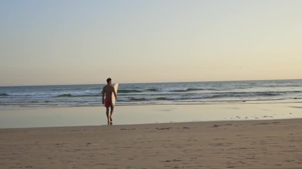 Homem Com Belo Corpo Atlético Caminhar Até Oceano Segurando Uma — Vídeo de Stock