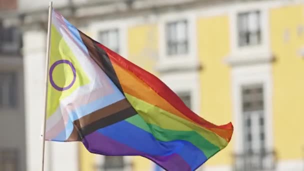 Lgbtレインボーフラッグ インクルージョン レズビアン バイセクシュアル トランスジェンダーコミュニティのシンボル ミッドショット — ストック動画
