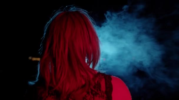 Drag Queen Tight Dress Standing Outdoors Vaping Red Lighting Mid — Stock Video