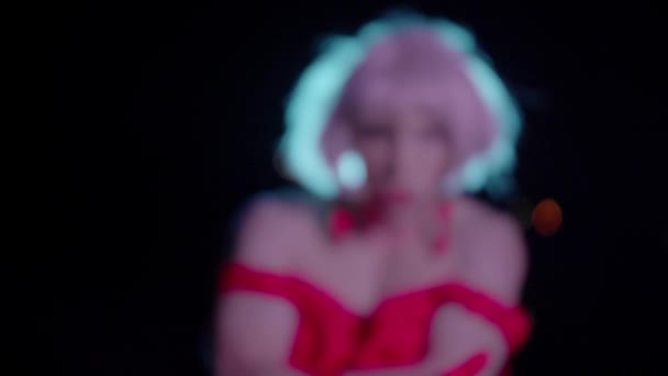 Drag Queen Red Dress Sends Kiss Camera Portrait — Stock Video