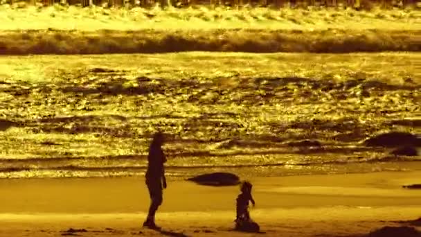 엄마와 그녀의 아기는 일몰에 해변을 — 비디오