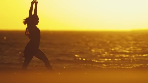 Silhueta Uma Jovem Graciosa Vestido Dançando Praia Pôr Sol Brilhante — Vídeo de Stock