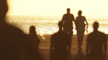 Gün batımında yavaş çekimde deniz kenarında yürüyen bir grup genç insan. Orta çekim