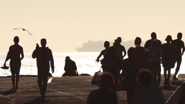 Πλήθος Ανθρώπων Δίπλα Στη Θάλασσα Νωρίς Ηλιοβασίλεμα Μεσαίο Πλάνο — Αρχείο Βίντεο