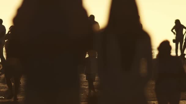 Πλήθος Ανθρώπων Που Περπατούν Δίπλα Στη Θάλασσα Ηλιοβασίλεμα Μεσαίο Πλάνο — Αρχείο Βίντεο